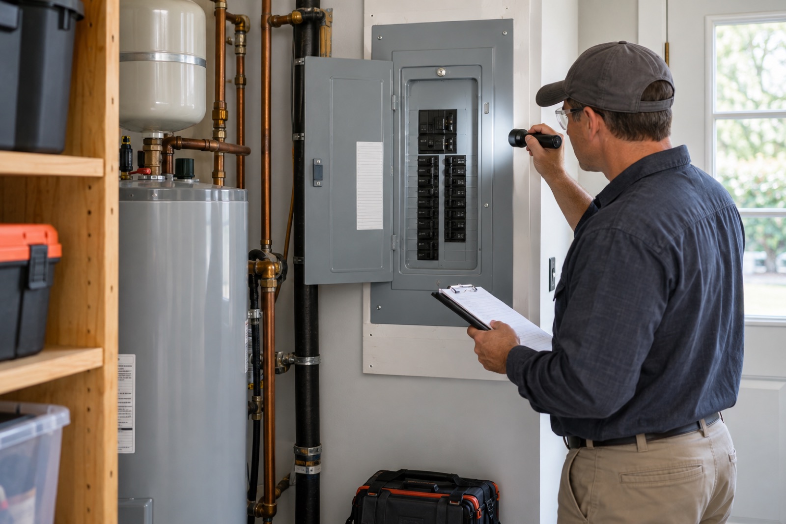 A professional inspecting a home electrical panel